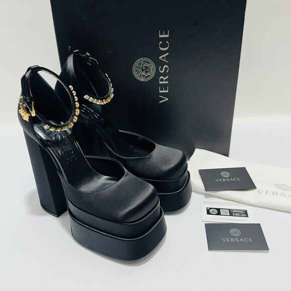 Versace Aevitas Platform Pumps EU 38.5/ US 8.5 Black Satin Crystal NIB $1,575 - Picture 6 of 16